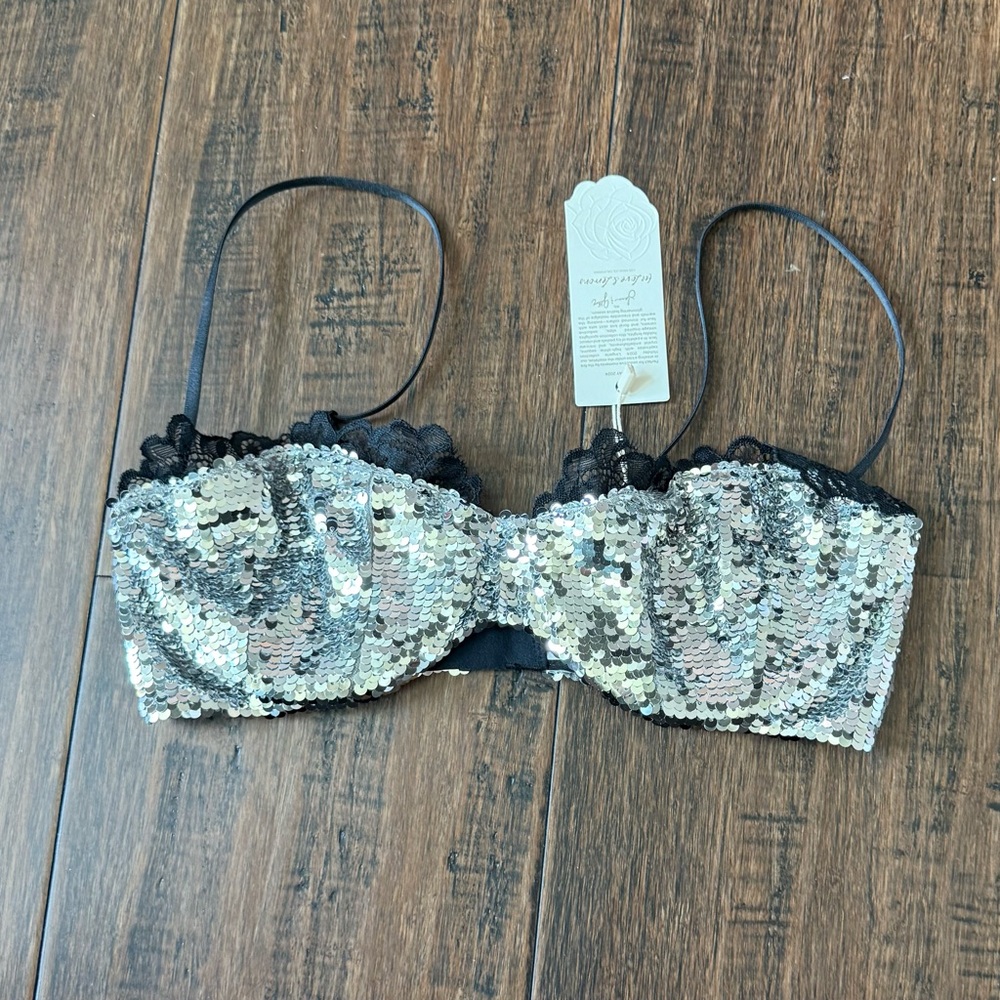 For Love And Lemons Silver Sequin Bra with Black Lace